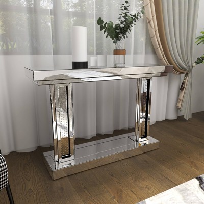 Silver Mirrored Wood Console Table with Storage, 48" x 14" x 32"