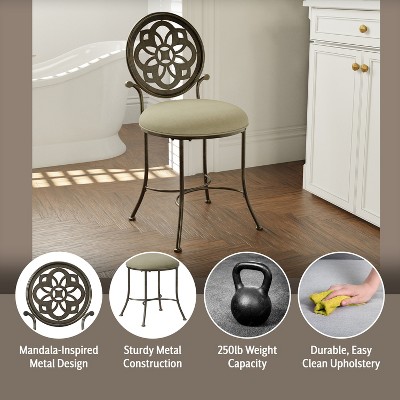 Antique Gray Metal Vanity Stool with Cream Upholstery