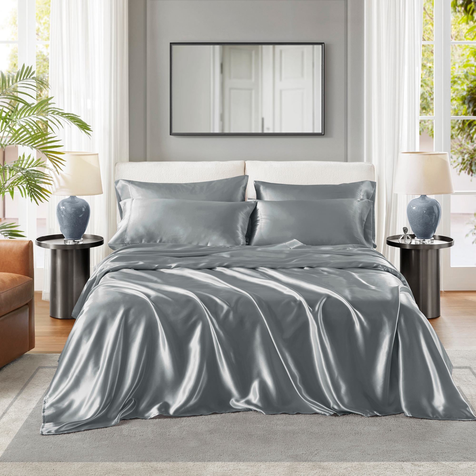 6 Pcs Solid Wrinkle-Free Satin Sheet Set, Silky Soft Touch Frezz-Reduce Luxury Sheets, OEKO-TEX Certified Premium Bedding Set, Grey, Queen