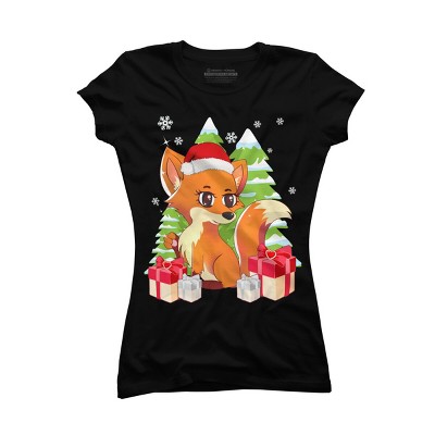 Junior's Design By Humans Fox Santa Hat Christmas T Shirt By thebeardstudio T-Shirt