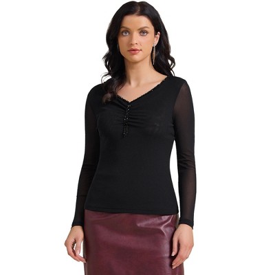 INSPIRE CHIC Women's Semi Sheer Long Sleeve Ruched V Neck Sequin Panel Casual Party Shirt