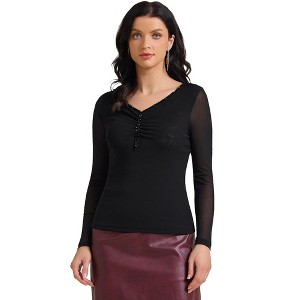 INSPIRE CHIC Women's Semi Sheer Long Sleeve Ruched V Neck Sequin Panel Casual Party Shirt - 1 of 4