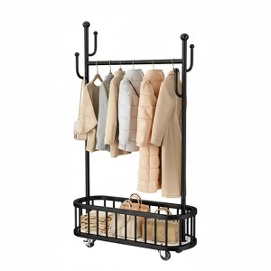 Rolling Clothes Rack with Wheels – Metal Standing Garment Rack, Storage Shelf & 4 Hooks, Hanger Rack for Bedroom Closet & Living Room - 1 of 4