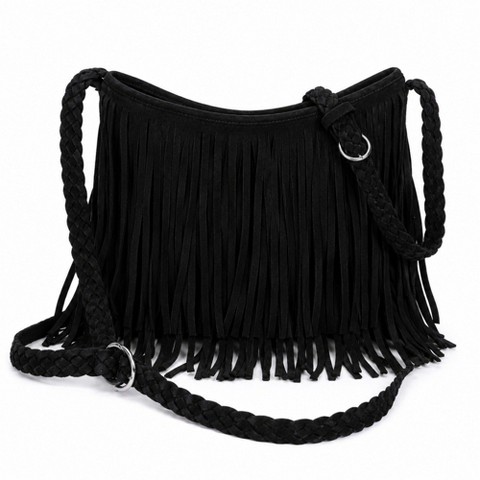 Alilang Women's Fringe Crossbody Bag Black Suede Look Boho Shoulder Purse with Braided Strap - Black