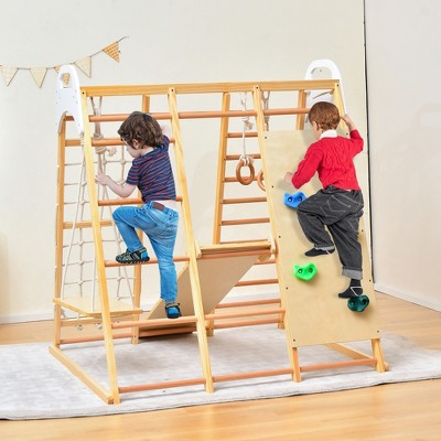 Natural Wood 8-in-1 Indoor Jungle Gym Playset with Slide