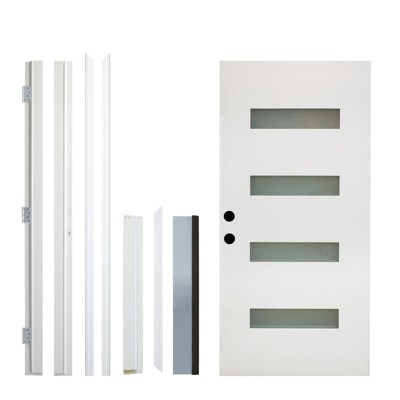 PexFix 36"x80" 4-Lite Exterior Frosted Glass Prehung Front Entry Door Primed Interior Fiberglass Entrance Door White Right Hand Inswing w/ Vinyl Frame