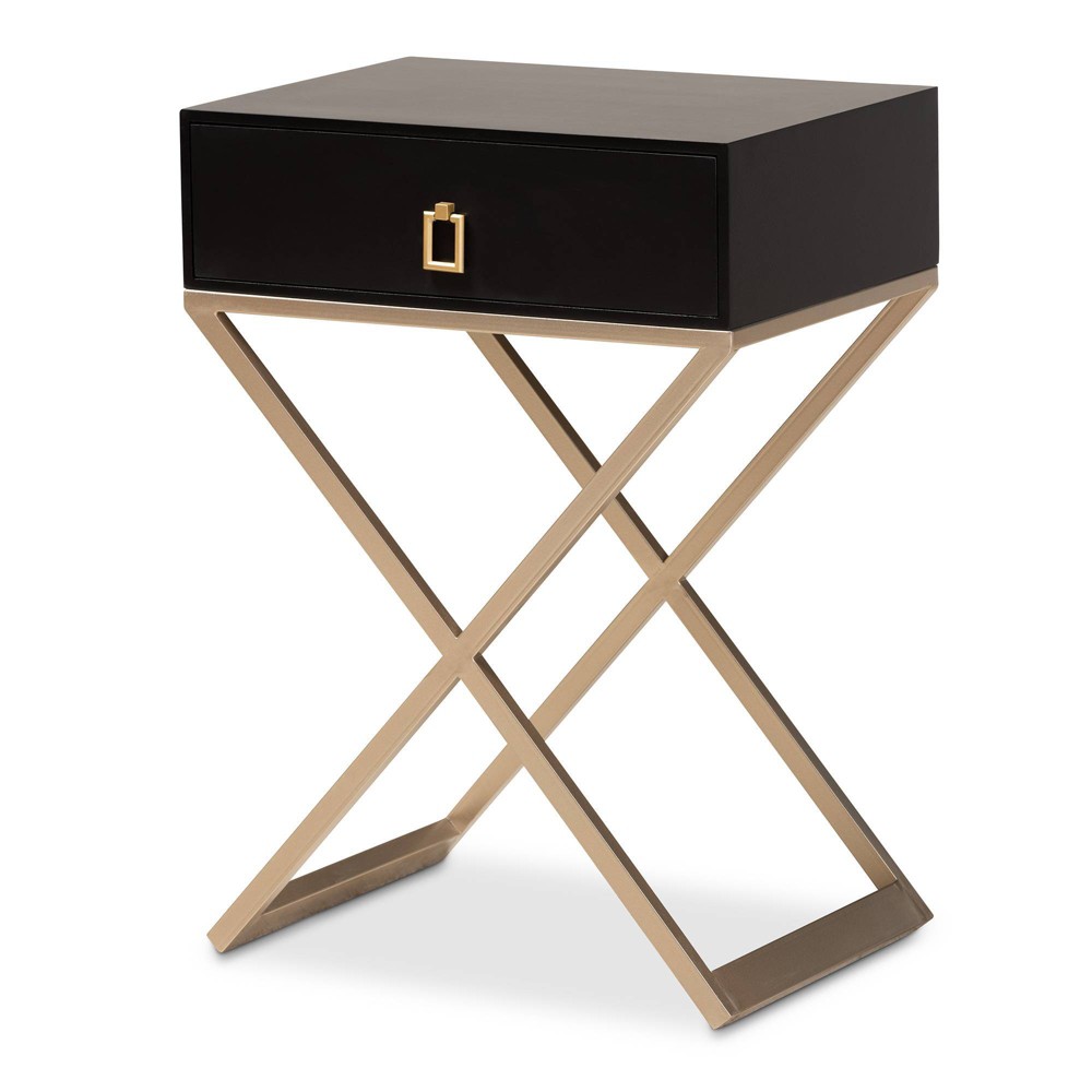 1 Drawer Patricia Brass Tone Metal Nightstand Black/Brass/Gold - Baxton Studio: Modern Glam, Powder-Coated, Square Shape