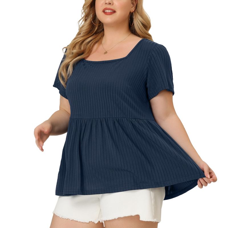 Agnes Orinda Women's Plus Size Ribbed Peplum Babydoll Short Sleeve Summer Blouses, 1 of 7
