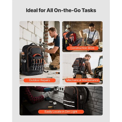 VEVOR Tool Backpack, 65 Pockets, Heavy-duty Tools Storage Organizer Work Bags with Laptop Compartment & Molded Base, Black+Orange — фото 7
