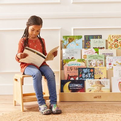 Natural Rubberwood Rolling Sit or Step Stool with Storage