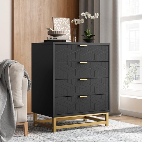 Modern 6-Drawer Dresser For Bedroom - Black Wood Chest Of Drawers With Gold  Metal Handles