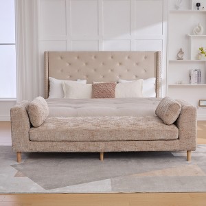 GDFStudio Yorick Modern Rubberwood Chenille Upholstered Bench with 2 Bolster Pillows - 1 of 4