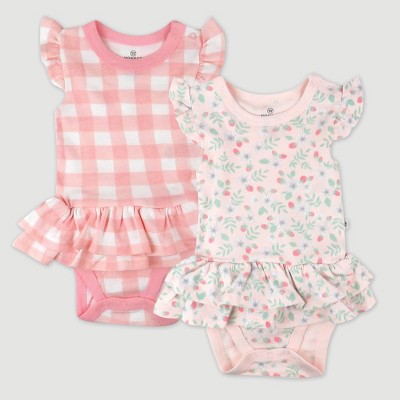 Image of Honest Baby 2pk Ruffle Strawberry Patch Bodysuit Dress - Pink 6-9M