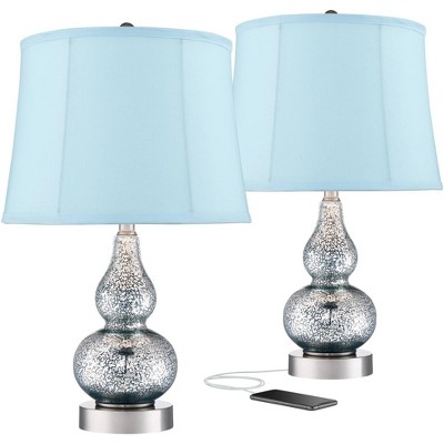 360 Lighting Modern Accent Table Lamps Set of 2 with USB Charging Port Mercury Glass Blue Softback Drum Shade Living Room Bedroom