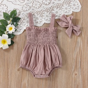 MyKids-USA Baby Girls Solid Color Sleeveless Summer Shirred Bodysuit Onesies & Headband - 1 of 4