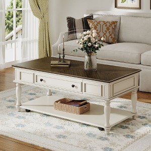 CAVINAS Farmhouse Style 2-Tier Retro Wood Coffee Table with Lockable Wheels,Rectangular Center Table for Living Room,Living Room Furniture - 1 of 4