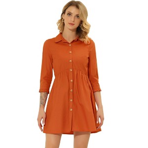 INSPIRE CHIC Women's 3/4 Sleeve Button Front Solid Color Flare Mini Shirt Dress - 1 of 4