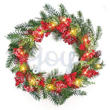 Collections Etc LED Lighted Frosted Pine Branches and Red Berries 'Joy' Wreath