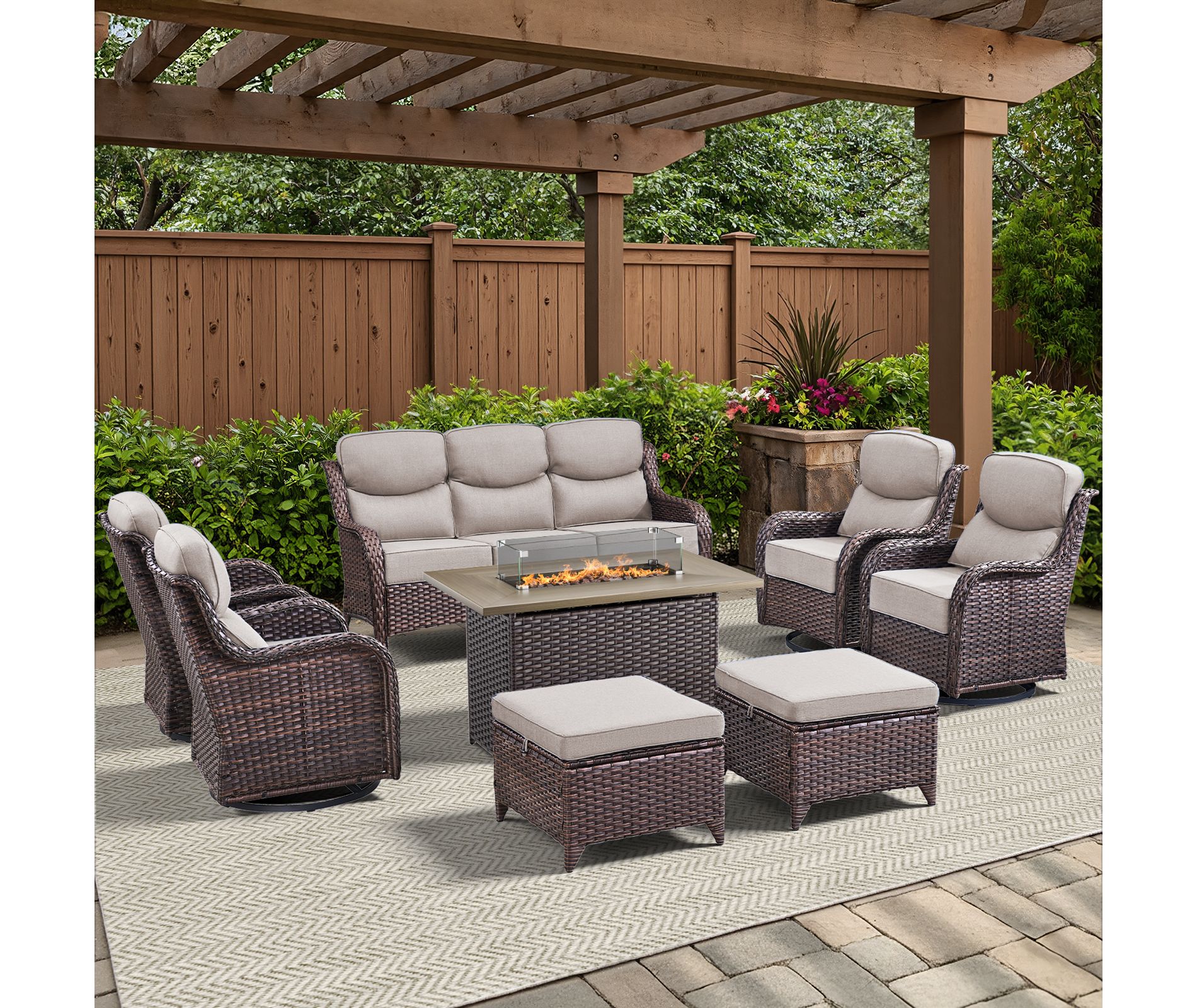 Belord High Back Outdoor Furniture with 6-Inch Thick Cushion, Patio Furniture Set with Fire Pit Table & Swivel Chair, 8PCS Wicker Conversation Set