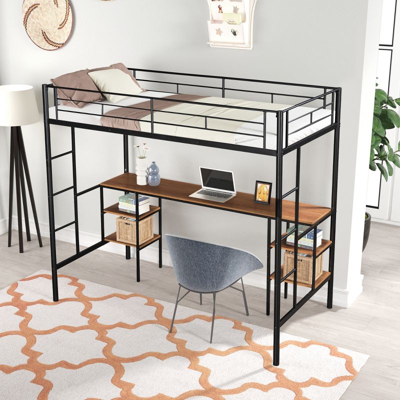 Metal Twin Size Low Loft Bed With Storage Shelf And Table, Black - ModernLuxe, 1 of 11