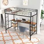 Metal Twin Size Low Loft Bed With Storage Shelf And Table, Black - ModernLuxe