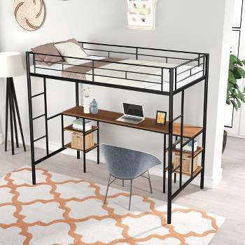 Metal Twin Size Low Loft Bed With Storage Shelf And Table, Black - ModernLuxe