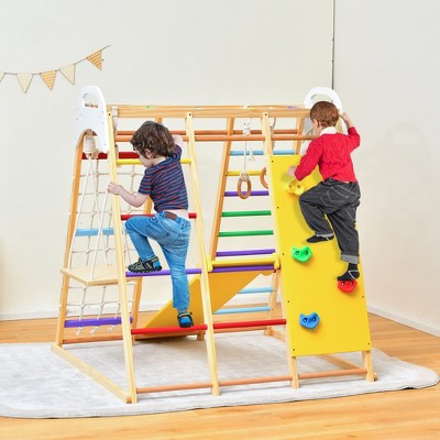 Colorful Wooden 8-in-1 Indoor Jungle Gym with Slide