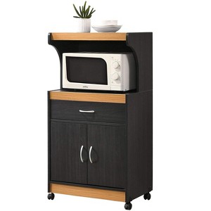 Hodedah Wheeled Kitchen Microwave Island Cart with Pull-Out Drawer and Cabinet Storage, Black-Beech - 1 of 4