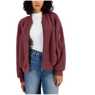 Hippie Rose Womens Faux Shearling Fleece Bomber Jacket, Purple, Small