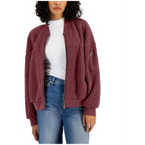 Hippie Rose Womens Faux Shearling Fleece Bomber Jacket, Purple, Medium - 1 of 1