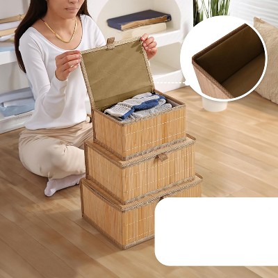 Natural Bamboo Stackable Storage Boxes with Cloth Liner - Set of 3