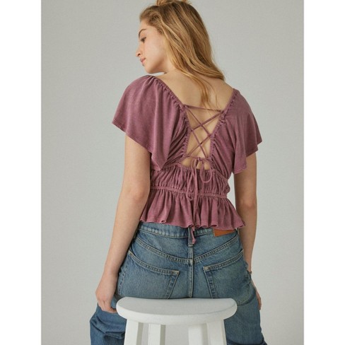 Lucky Brand Women's Lace Up Back Top - Dark Pink Small : Target