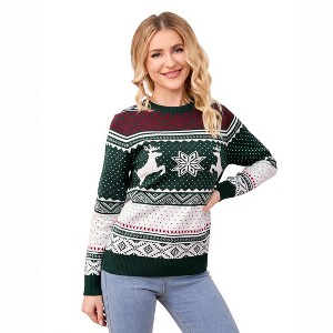 Clearlove Family Christmas Sweater Crew Neck Reindeer Snowflakes Knitted Pullover for Women - 1 of 4