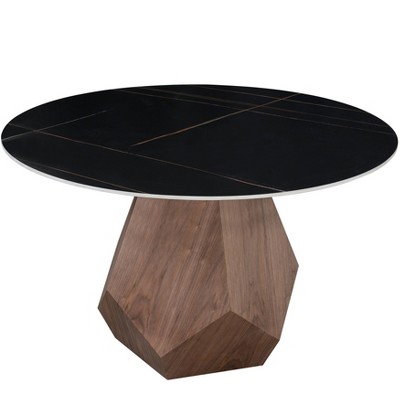 LeisureMod Nebo 47-Inch Modern Round Dining Table with Walnut Base and Glass/ Sintered Stone Top for Kitchen and Home