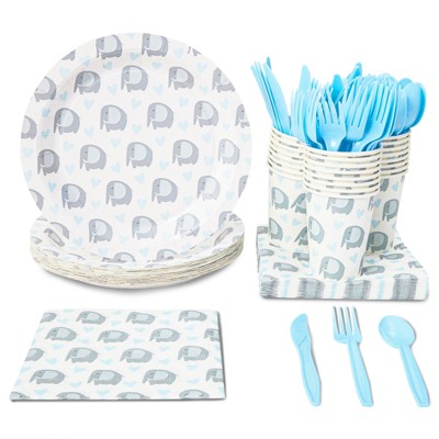 Blue Panda 24 Set Dinnerware Party Supply for Baby Shower Birthday Elephant Animal Pattern