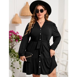 Women's Plus Size Long Sleeve Dress V Neck Button Front Belted Shirt Dress A Line Ruffle Midi Dress - 1 of 4