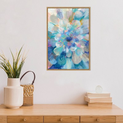 Intensity Floral II Blue and Pink Abstract Canvas Print with Maple Frame