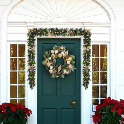 COZONY Golden Elegance Christmas Garland with LED Lights, Battery Operated Holiday Garland with Pine Cones and Bows for Indoor Outdoor Decor