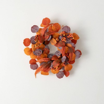 15"H Sullivans Artificial Berry and Eucalyptus Fall Accent Ring, Orange, Indoor Fall Decor