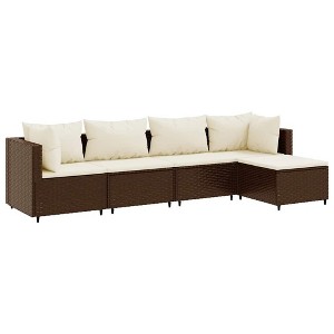vidaXL Patio Lounge Set with Cushions Sectional Sofa Garden Backyard Poly Rattan - Brown and Cream 5 Piece - 1 of 4