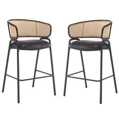 Set of 2 Black Mid-Century Barstools with Faux Leather Seat,Rattan Back & Metal Frame,40.5''H for Kitchen Island-Baofuwish