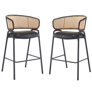 Set of 2 Black Mid-Century Barstools with Faux Leather Seat,Rattan Back & Metal Frame,40.5''H for Kitchen Island-Baofuwish - 1 of 4