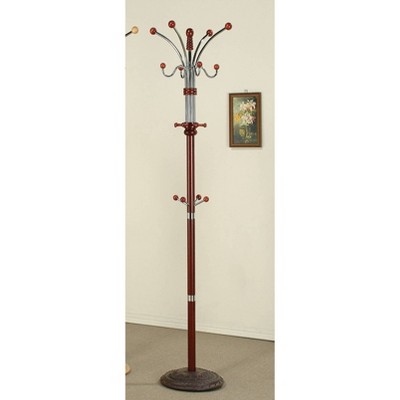 Cherry and Chrome 73" Tall Wooden Coat Rack with 12 Hooks