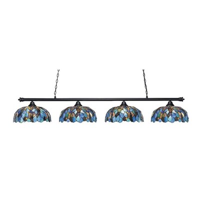 Toltec Lighting Oxford 4 - Light Island Pendant Light in  Matte Black with 16" Blue Mosaic Art Glass Shade