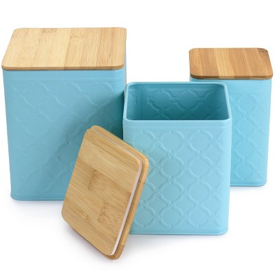Turquoise Square Iron Canister Set with Bamboo Lids