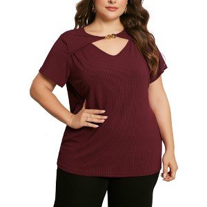 Agnes Orinda Women's Plus Size Basic Short Sleeve Front Cutout Metal Chain Crop T-Shirts - 1 of 4