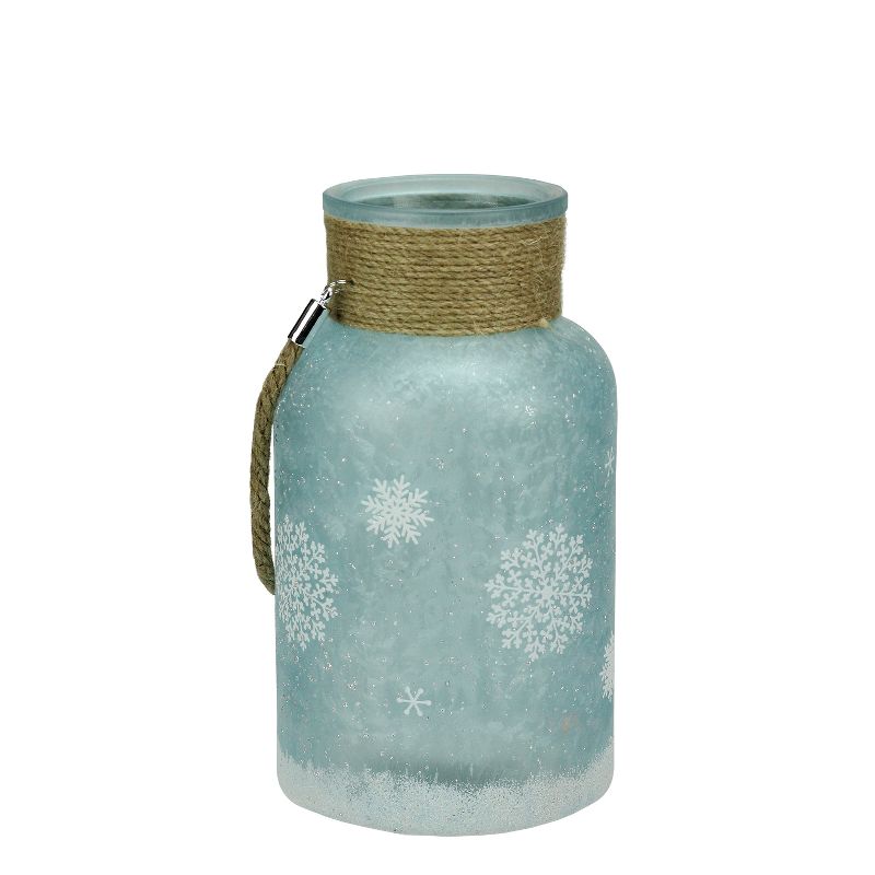 Northlight 10" Iced Glittered Snowflake  Pillar Candle Holder Lantern with Handle - White/Blue, 1 of 6