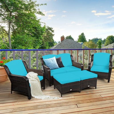 Turquoise Cushioned 5-Piece Rattan Patio Sofa Set