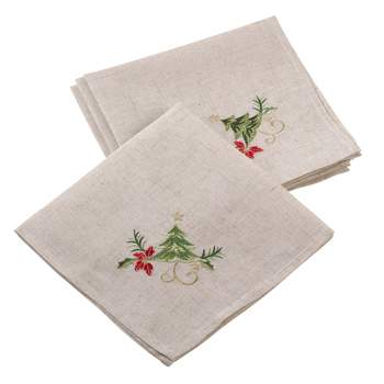 Saro Lifestyle Embroidered Ornament Holly Design Holiday Linen Blend Napkin (Set of 4), 20"x20", Beige