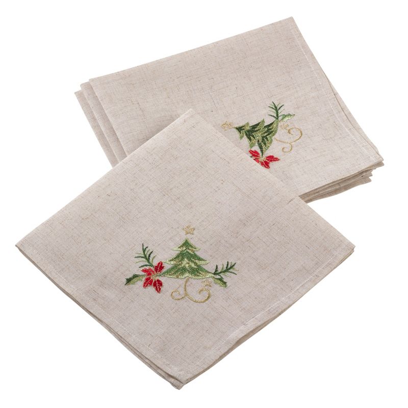 Saro Lifestyle Embroidered Ornament Holly Design Holiday Linen Blend Napkin (Set of 4), 20"x20", Beige, 1 of 3